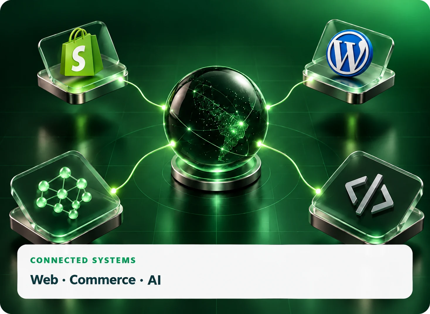 Green 3D connected ecosystem representing Shopify, WordPress, AI automation and full-stack development